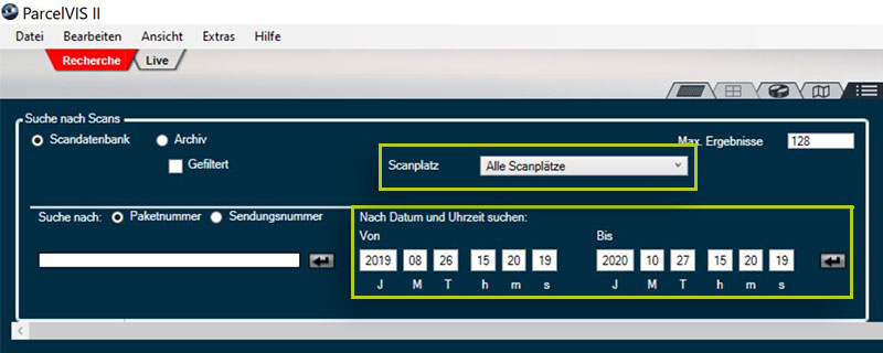Paketrecherche in ParcelVIS | Datum, Uhrzeit, Scanplatz