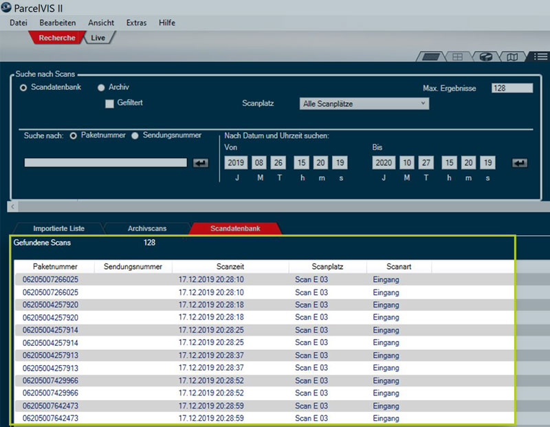 Paketrecherche in ParcelVIS | Ergebnisliste