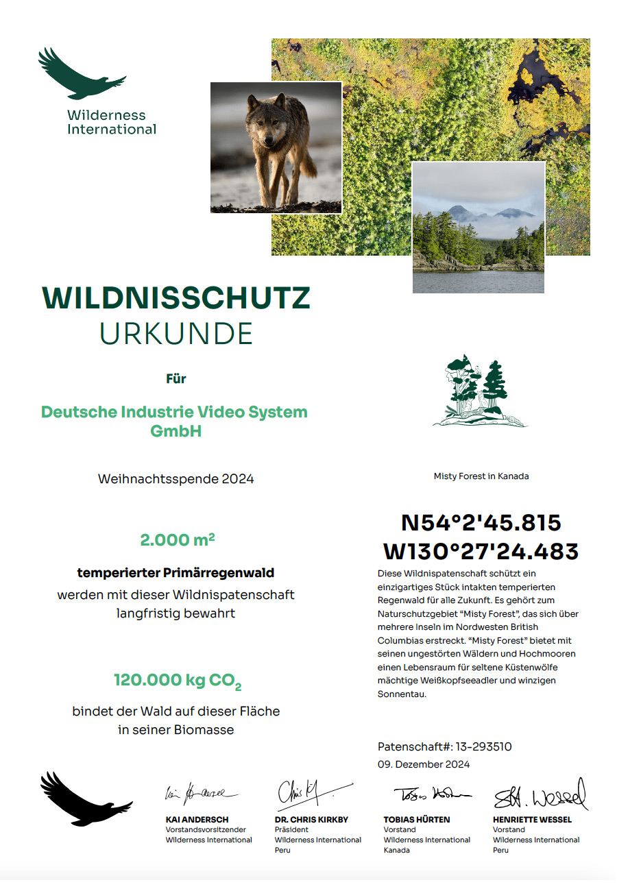 DIVIS unterstützt die Umweltschutz-Organisation Wilderness International | Urkunde